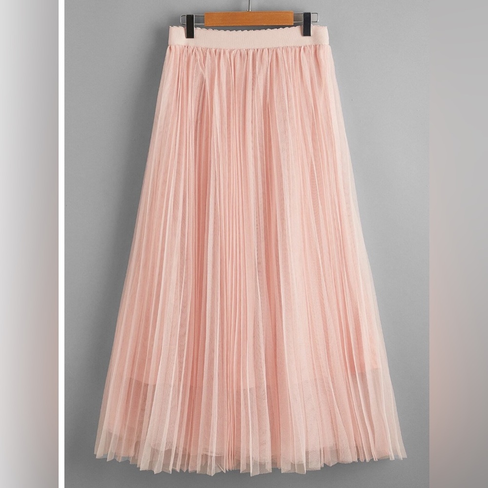 Baby Pink Mesh Tulle Pleated Skirt - Picture 5 of 10